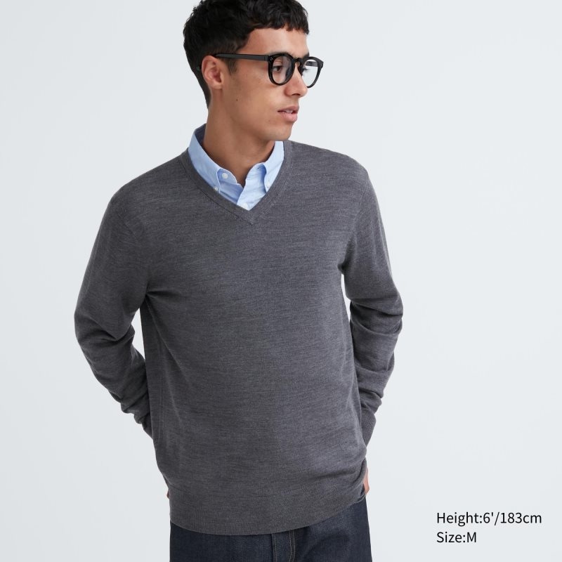 Suéteres Uniqlo Extra Fine Merino V-neck Hombre Gris | 7032237