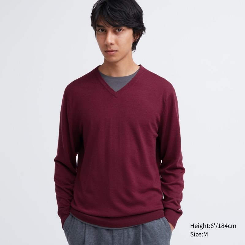 Suéteres Uniqlo Extra Fine Merino V-neck Hombre Burdeos | 1785253