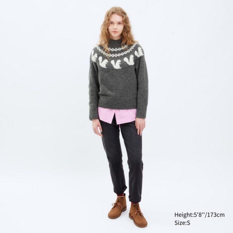 Suéteres Uniqlo Jacquard Crew Neck Long-Sleeve Mujer Azules | 6532986