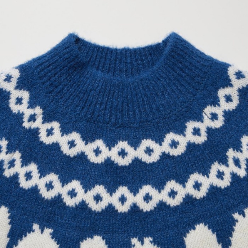 Suéteres Uniqlo Jacquard Crew Neck Long-Sleeve Mujer Azules | 6532986