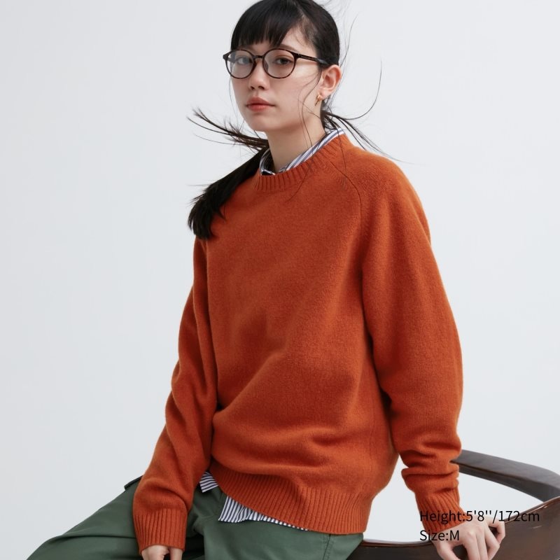 Suéteres Uniqlo Premium Lambswool Crew Neck Long Sleeve Hombre Naranjas | 69383