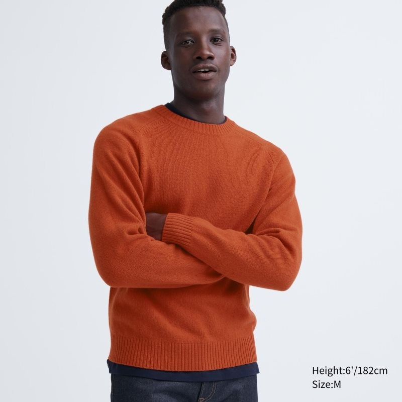 Suéteres Uniqlo Premium Lambswool Crew Neck Long Sleeve Hombre Naranjas | 69383