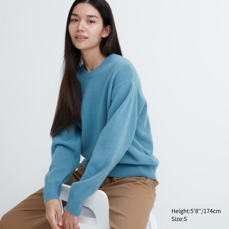 Suéteres Uniqlo Premium Lambswool Crew Neck Long-sleeve Mujer Azules | 1853003