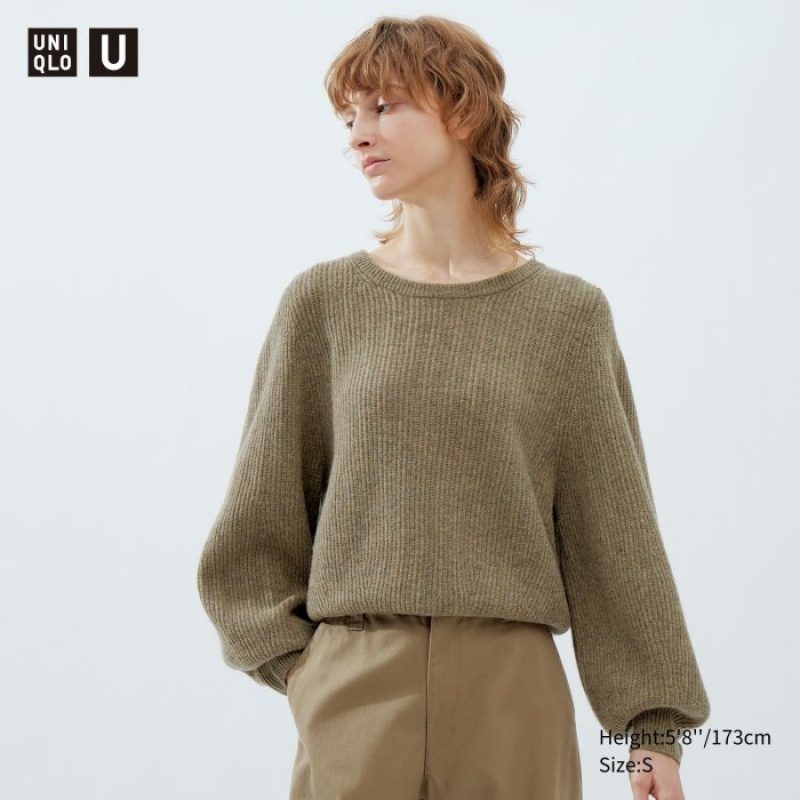 Suéteres Uniqlo Premium Lambswool Volume Long-Sleeve Mujer Kaki | 8923940