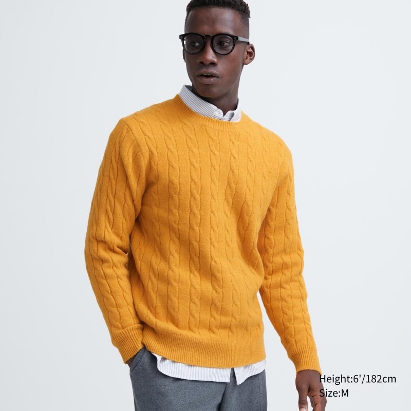 Suéteres Uniqlo Souffle Yarn Cable Crew Neck Hombre Amarillo | 9219723