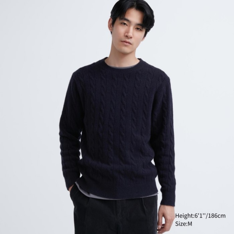 Suéteres Uniqlo Souffle Yarn Cable Crew Neck Long-Sleeve Mujer Azul Marino | 7788585