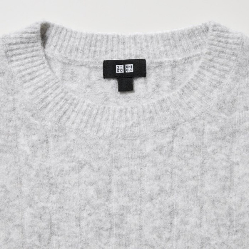 Suéteres Uniqlo Souffle Yarn Cable Crew Neck Long-Sleeve Mujer Gris | 9560351