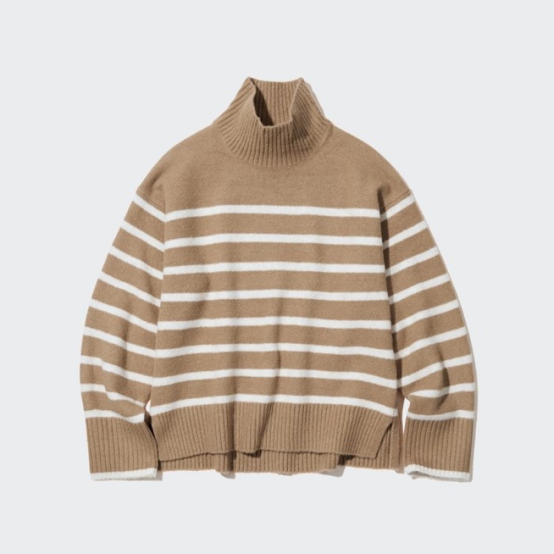 Suéteres Uniqlo Souffle Yarn Striped High Neck Long-Sleeve Mujer Beige | 9690405