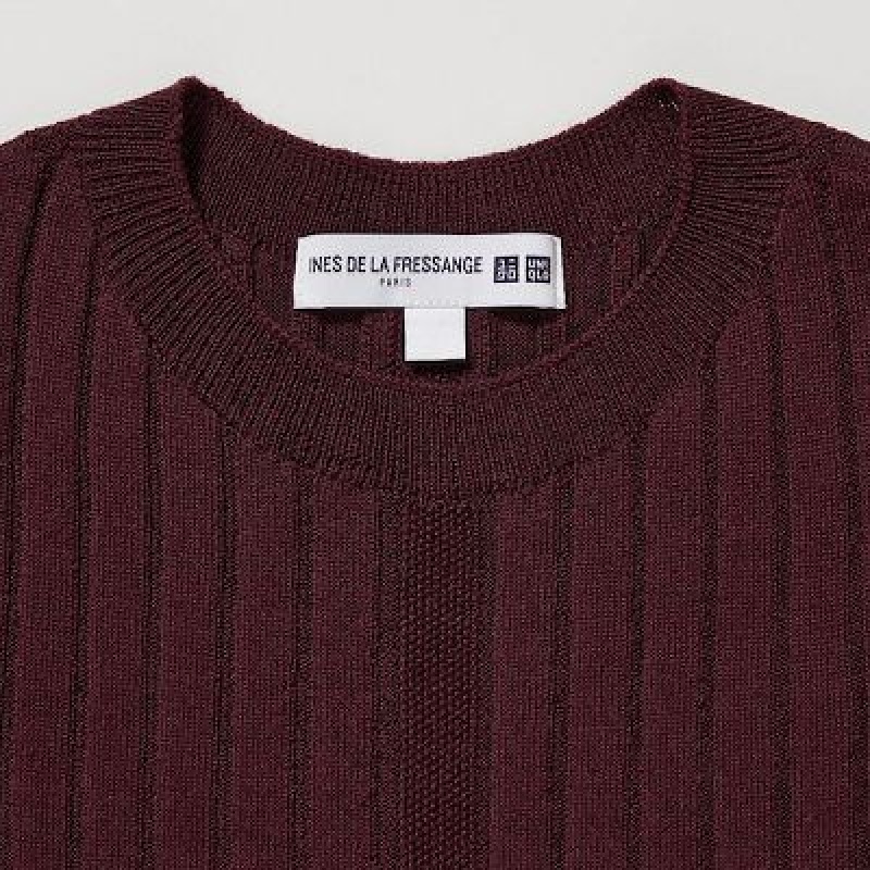 Vestido Uniqlo 3D Knit Ribbed Crew Neck Long-Sleeve Mujer Burdeos | 4164588