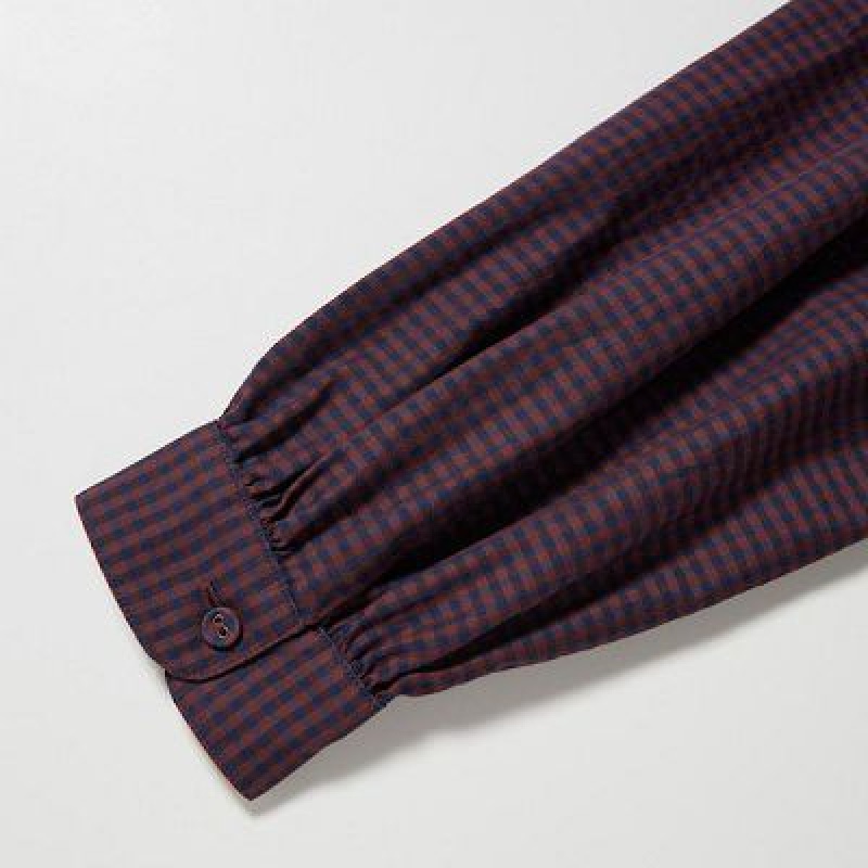Vestido Uniqlo Cotton Twill Checked Volume Sleeve Long Mujer Marrones | 1863897