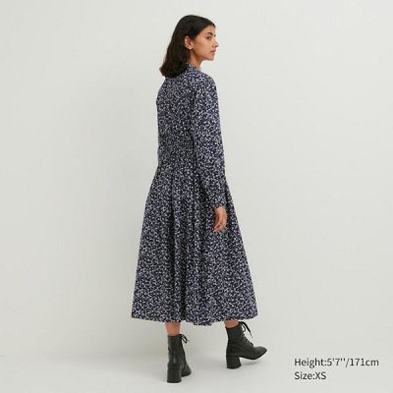 Vestido Uniqlo Cotton Twill Printed Volume Sleeve Long Mujer Azules | 245011