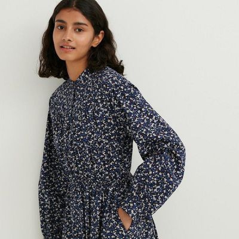Vestido Uniqlo Cotton Twill Printed Volume Sleeve Long Mujer Azules | 245011