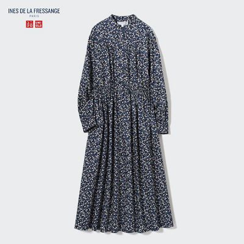 Vestido Uniqlo Cotton Twill Printed Volume Sleeve Long Mujer Azules | 245011