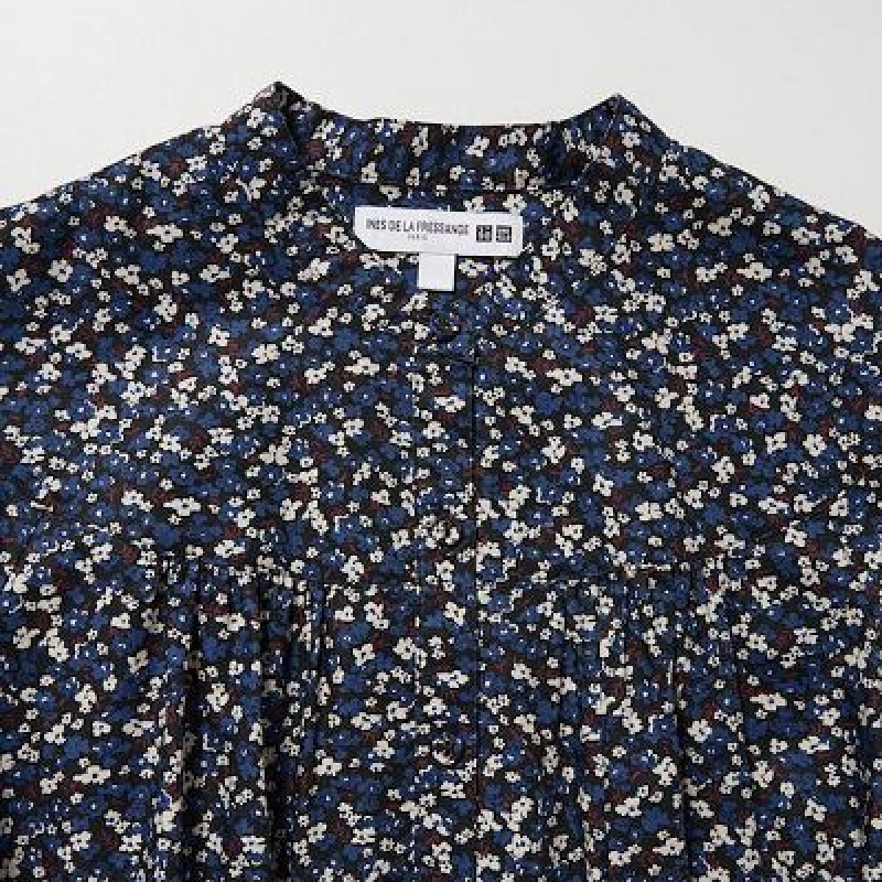 Vestido Uniqlo Cotton Twill Printed Volume Sleeve Long Mujer Azules | 245011
