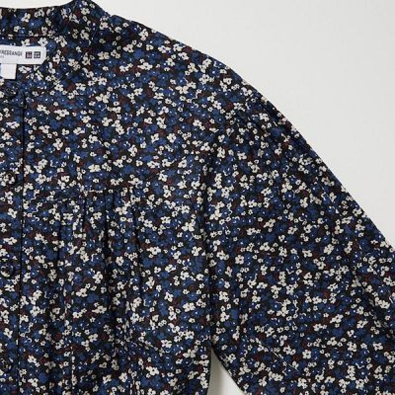 Vestido Uniqlo Cotton Twill Printed Volume Sleeve Long Mujer Azules | 245011