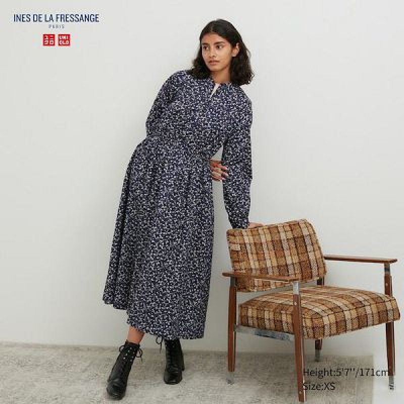 Vestido Uniqlo Cotton Twill Printed Volume Sleeve Long Mujer Azules | 245011