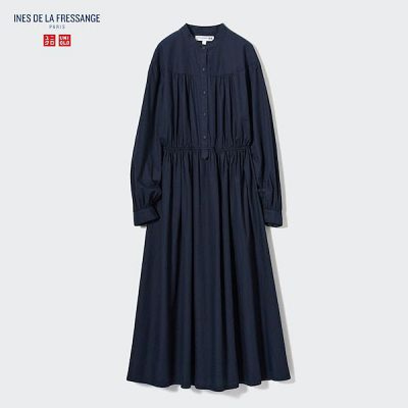 Vestido Uniqlo Cotton Twill Volume Sleeve Long Mujer Azul Marino | 1324574