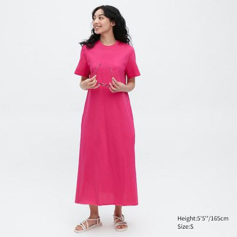 Vestido Uniqlo Mercerized Cotton Short-Sleeve A-Line Mujer Rosas | 2126805