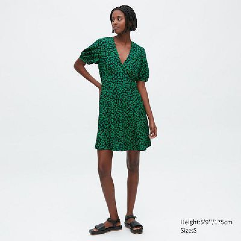 Vestido Uniqlo Printed V-Neck Short-Sleeve Mini Mujer Verde | 5587915