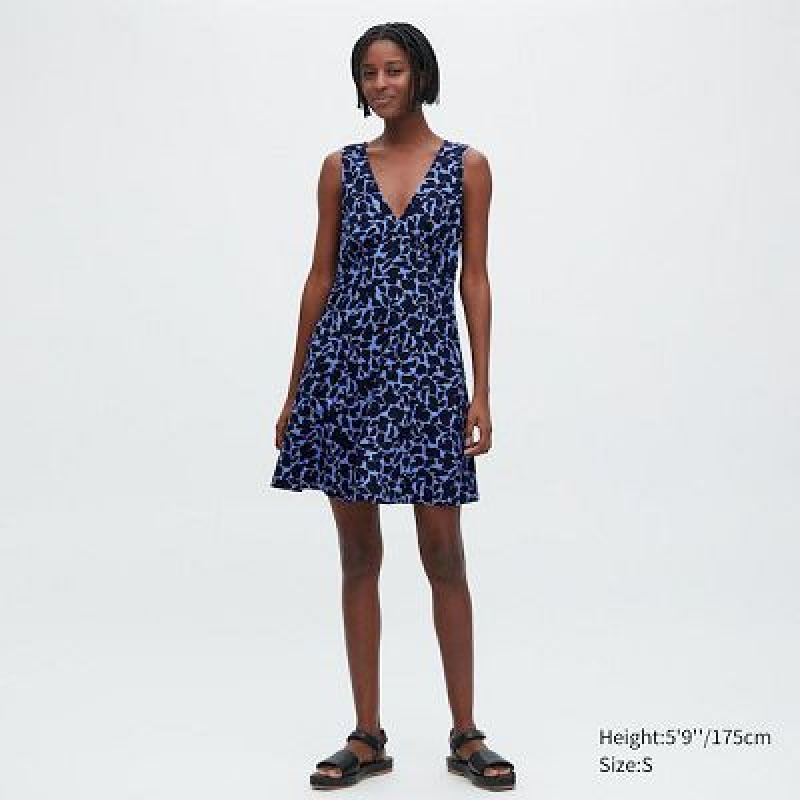 Vestido Uniqlo Printed V-Neck Sleeveless Mini Mujer Azules | 3804835