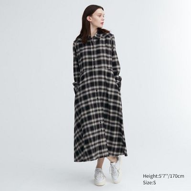 Vestido Uniqlo Soft Brushed Checked Long-Sleeve Mujer Negras | 8539644