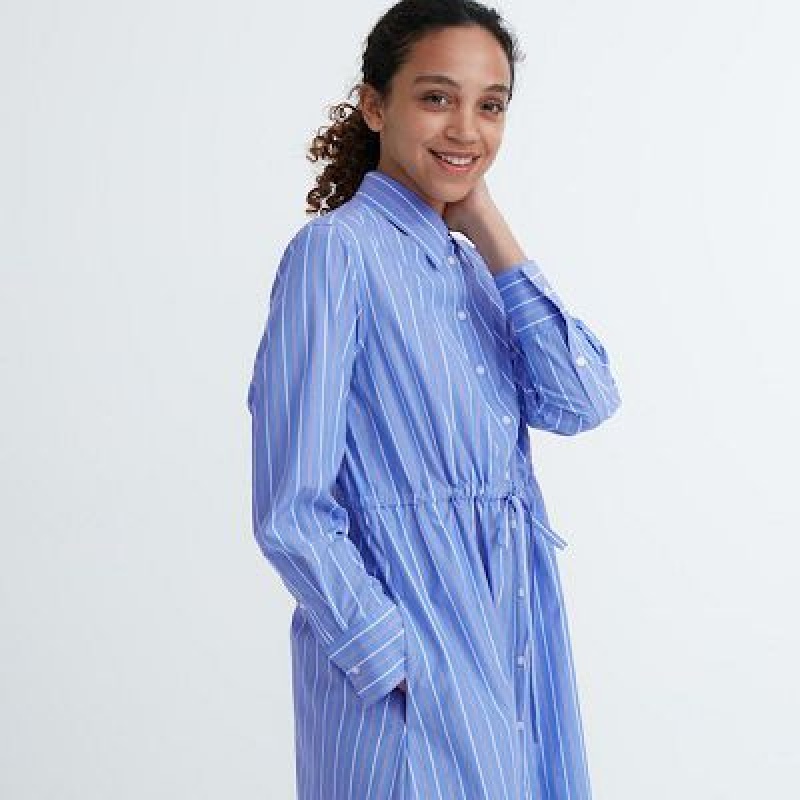 Vestido Uniqlo Striped Cotton Long-Sleeve Mujer Azules | 348666
