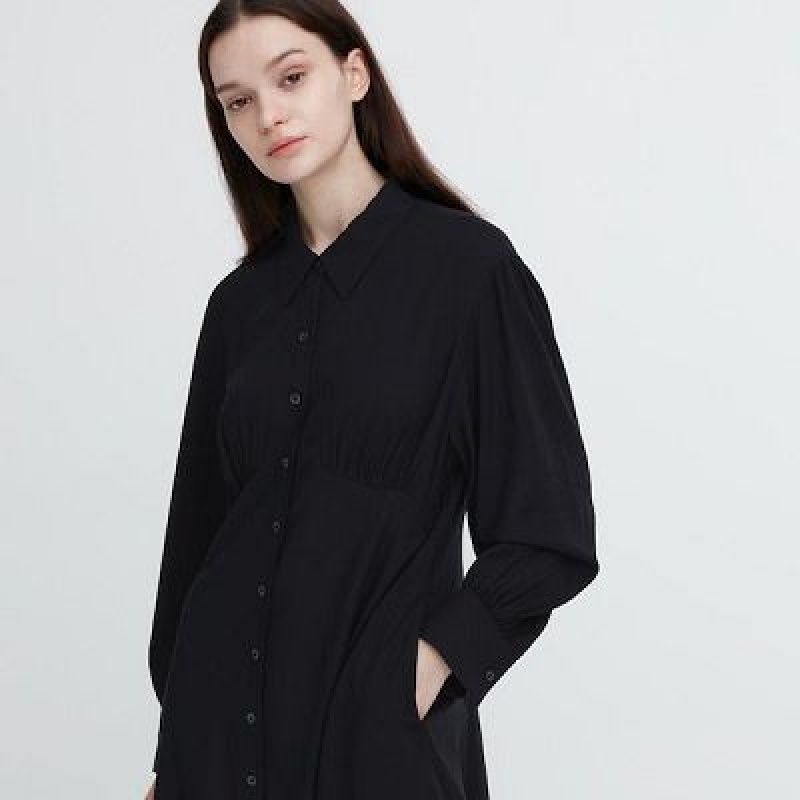 Vestido Uniqlo V-Neck Long-Sleeve Mini Mujer Negras | 5273235
