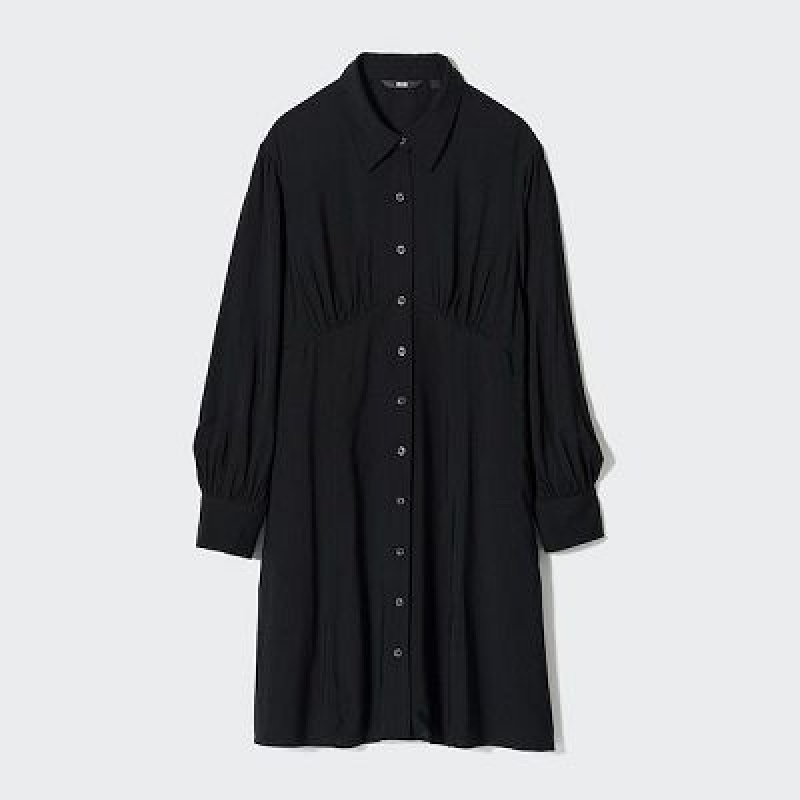 Vestido Uniqlo V-Neck Long-Sleeve Mini Mujer Negras | 5273235