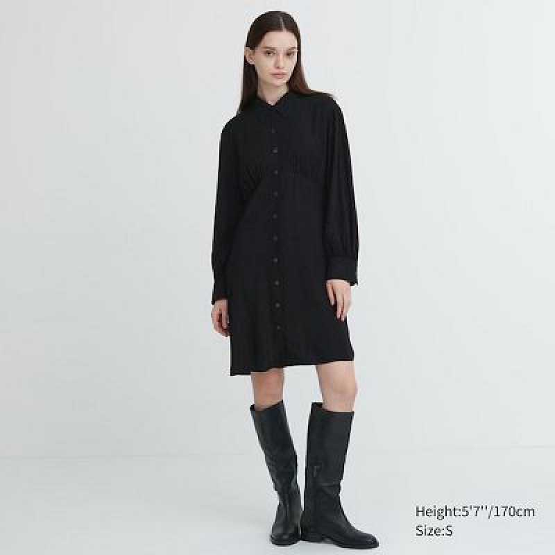 Vestido Uniqlo V-Neck Long-Sleeve Mini Mujer Negras | 5273235